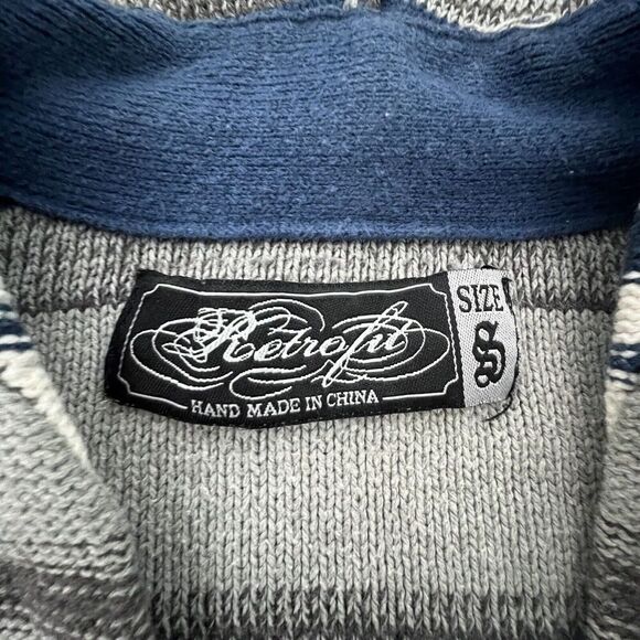 RETROFIT Hooded Striped Pullover Sweater Kangaroo Pocket Small Gray Blue - Picture 5 of 7